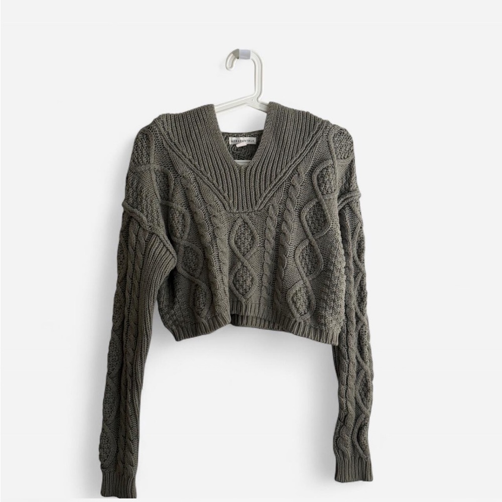 Aeropostale Dusty Green Cable Knit Sweater Hoodie
